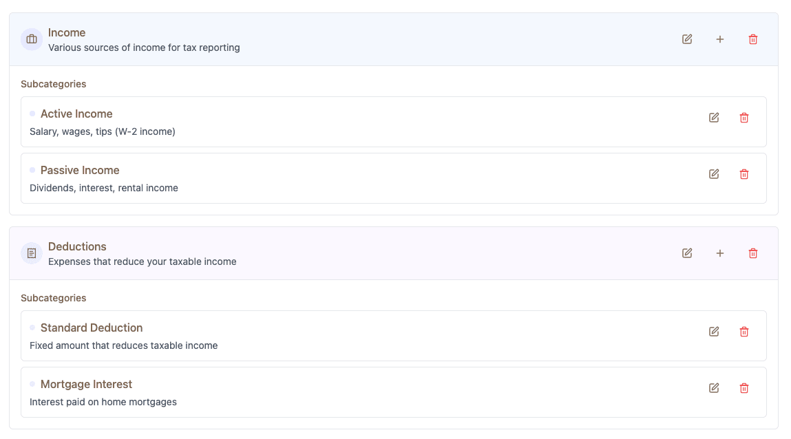 Custom tax categories feature screenshot