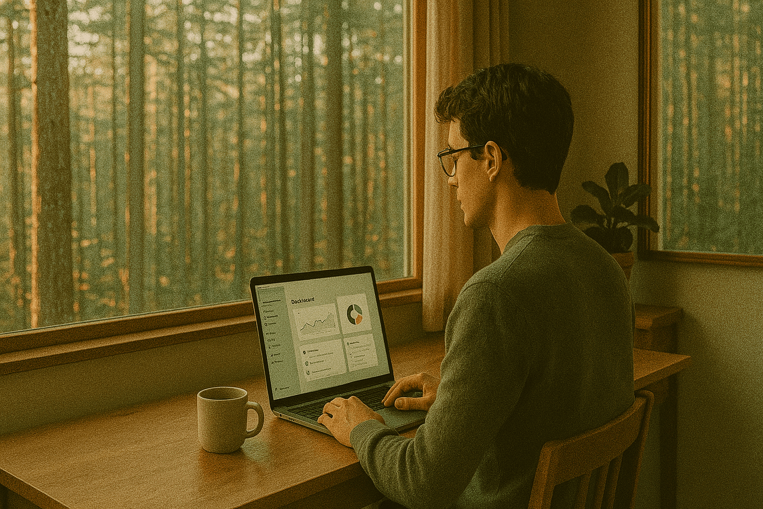 Person working with laptop by a large window with forest view