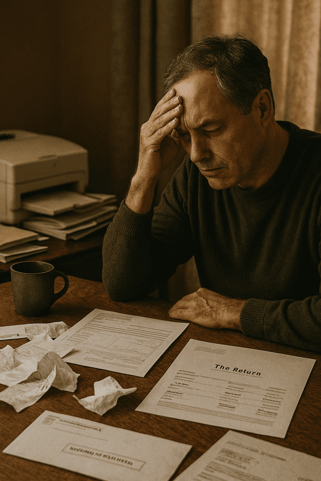 A desk filled with paper clutter, open receipts, unread tax letters